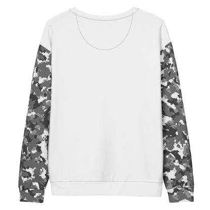 White back of sweatshirt. Sleeves have a black-gray-white camouflage pattern.