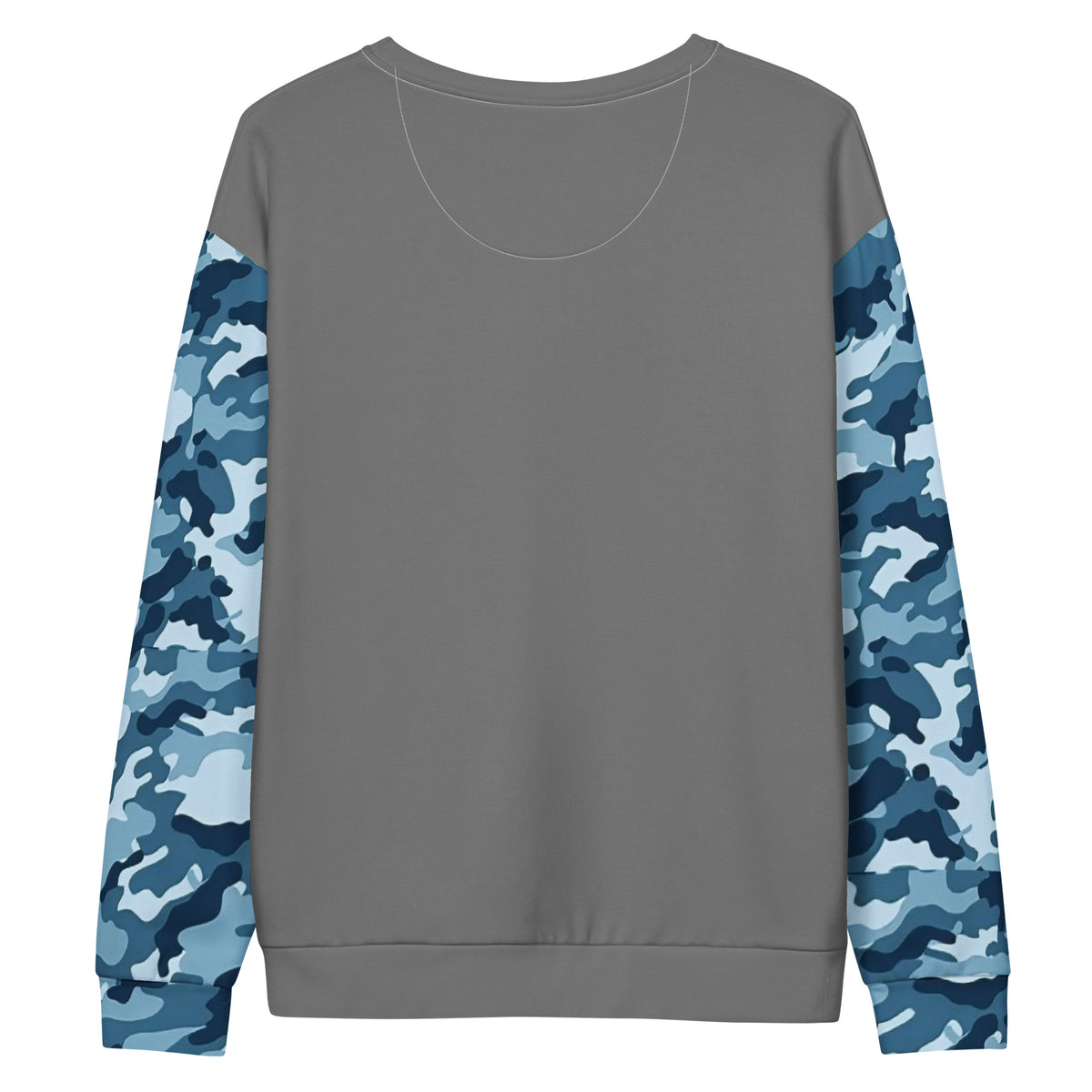 Gray back of sweatshirt. Sleeves have a navy camouflage pattern.