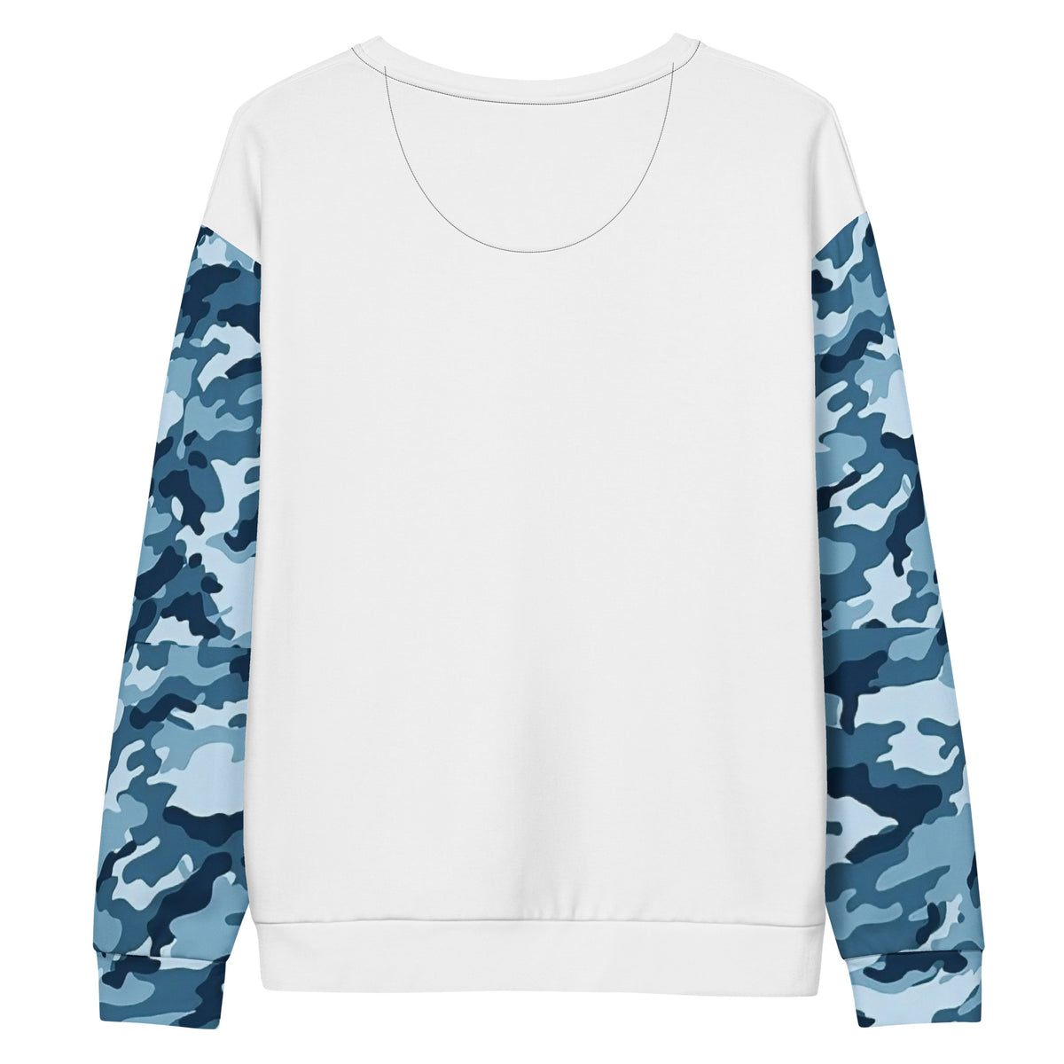 White back of sweatshirt. Sleeves have a navy camouflage pattern.