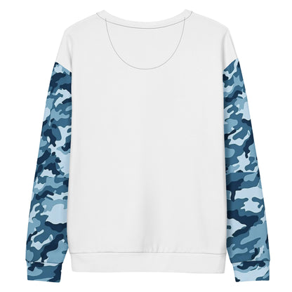 White back of sweatshirt. Sleeves have a navy camouflage pattern.