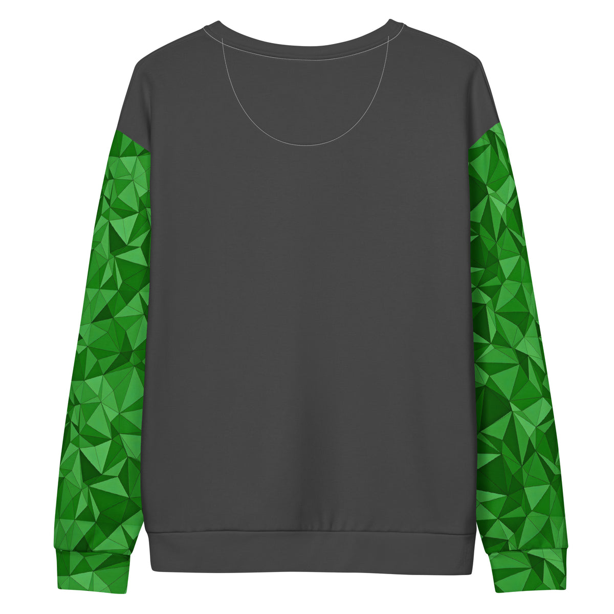 Gray backside of sweatshirt. Sleeves have green geometric pattern.