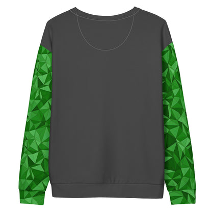 Gray backside of sweatshirt. Sleeves have green geometric pattern.