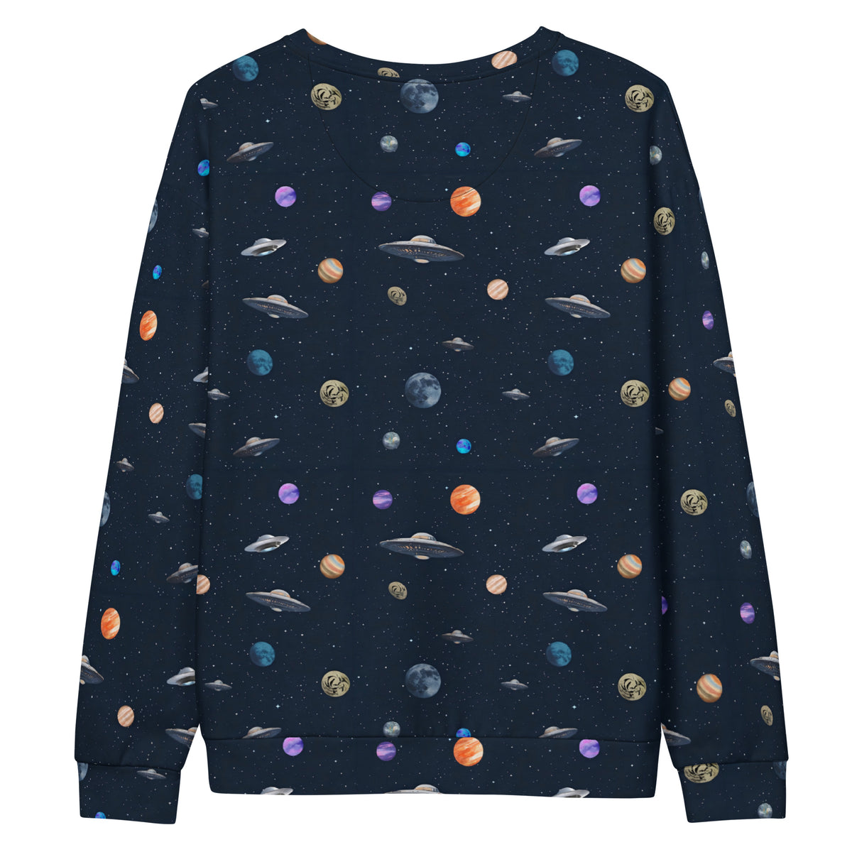 Back of sweatshirt with pattern of UFOs and planets in space.