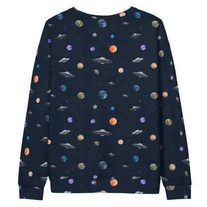 Back of sweatshirt with pattern of UFOs and planets in space.