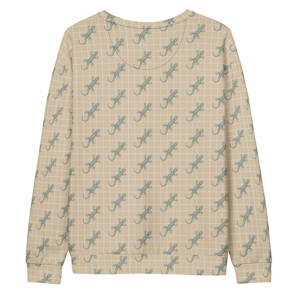 Beige sweatshirt with pattern of green geckos.