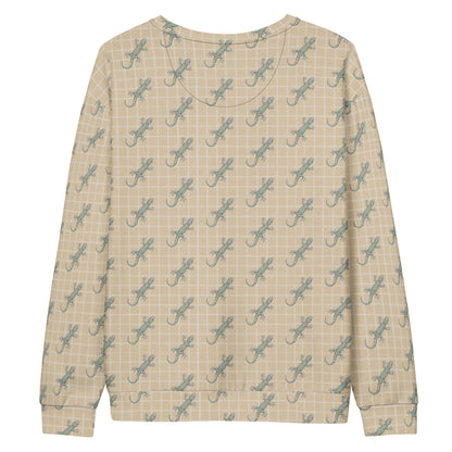 Beige sweatshirt with pattern of green geckos.