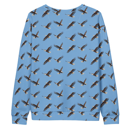 Blue sweatshirt with pattern of bald eagles.