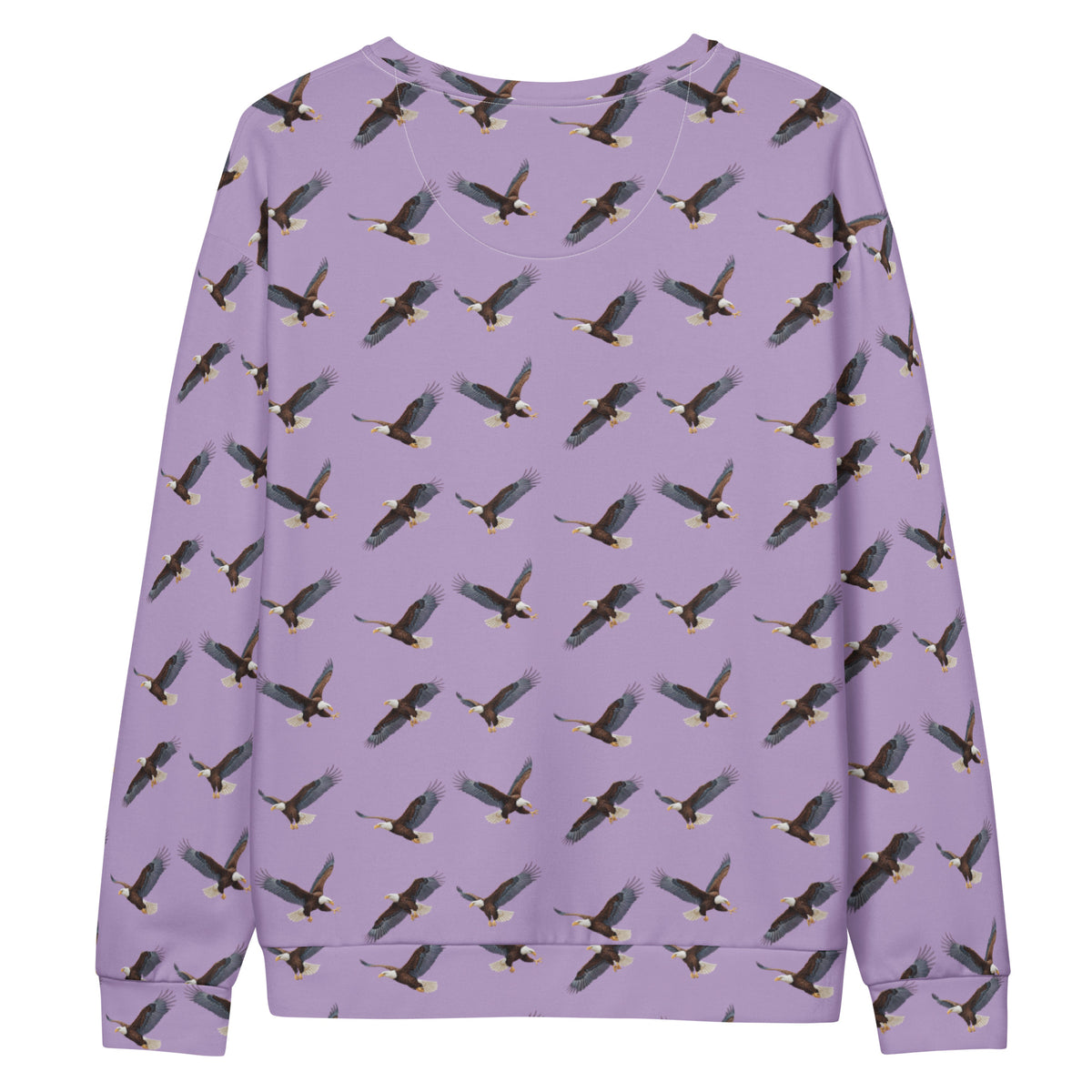 Purple sweatshirt with pattern of bald eagles.
