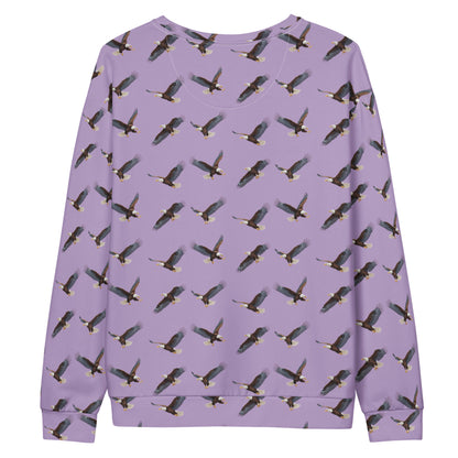 Purple sweatshirt with pattern of bald eagles.