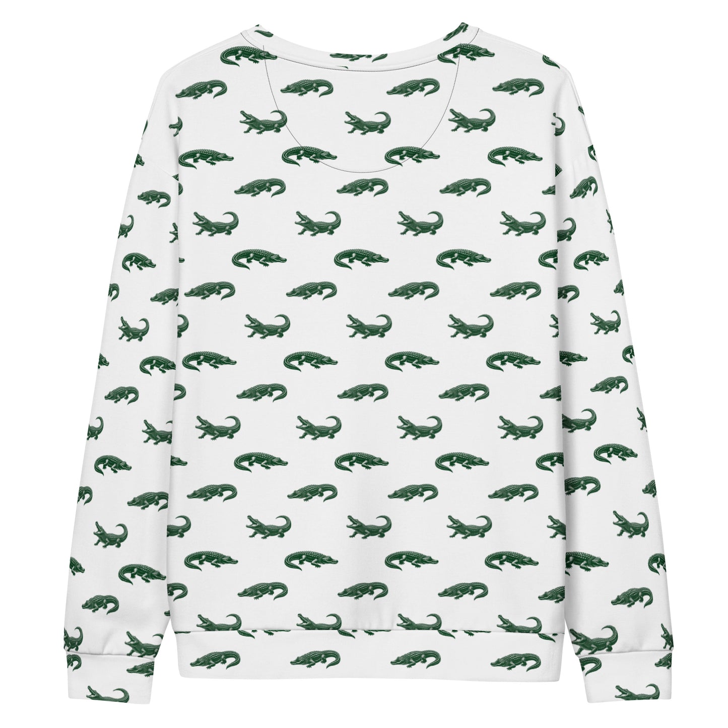 White sweatshirt with pattern of green alligators.