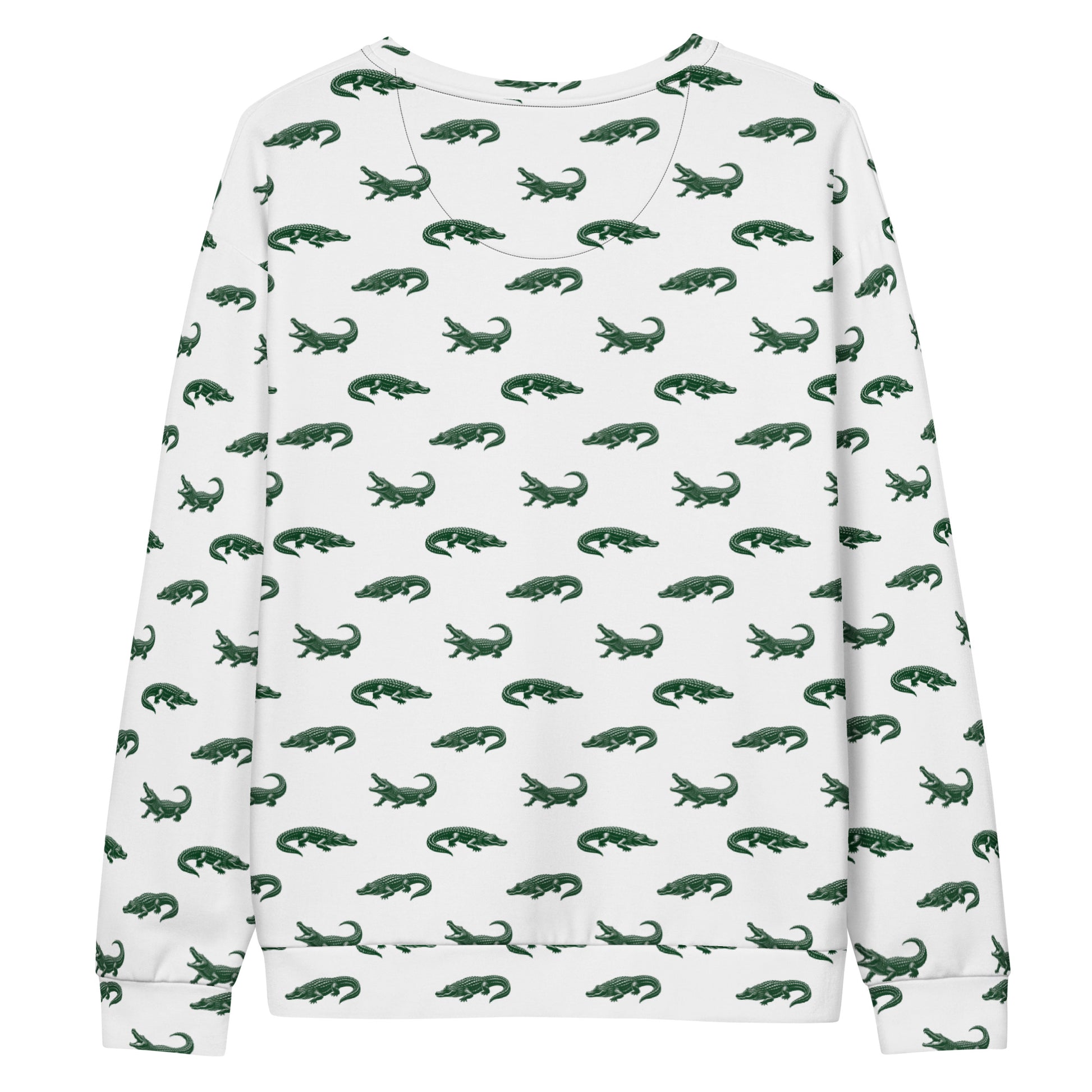 White sweatshirt with pattern of green alligators.