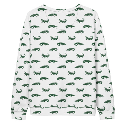 White sweatshirt with pattern of green alligators.