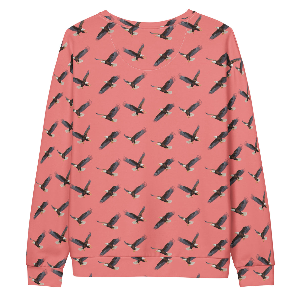 Red sweatshirt with pattern of bald eagles.