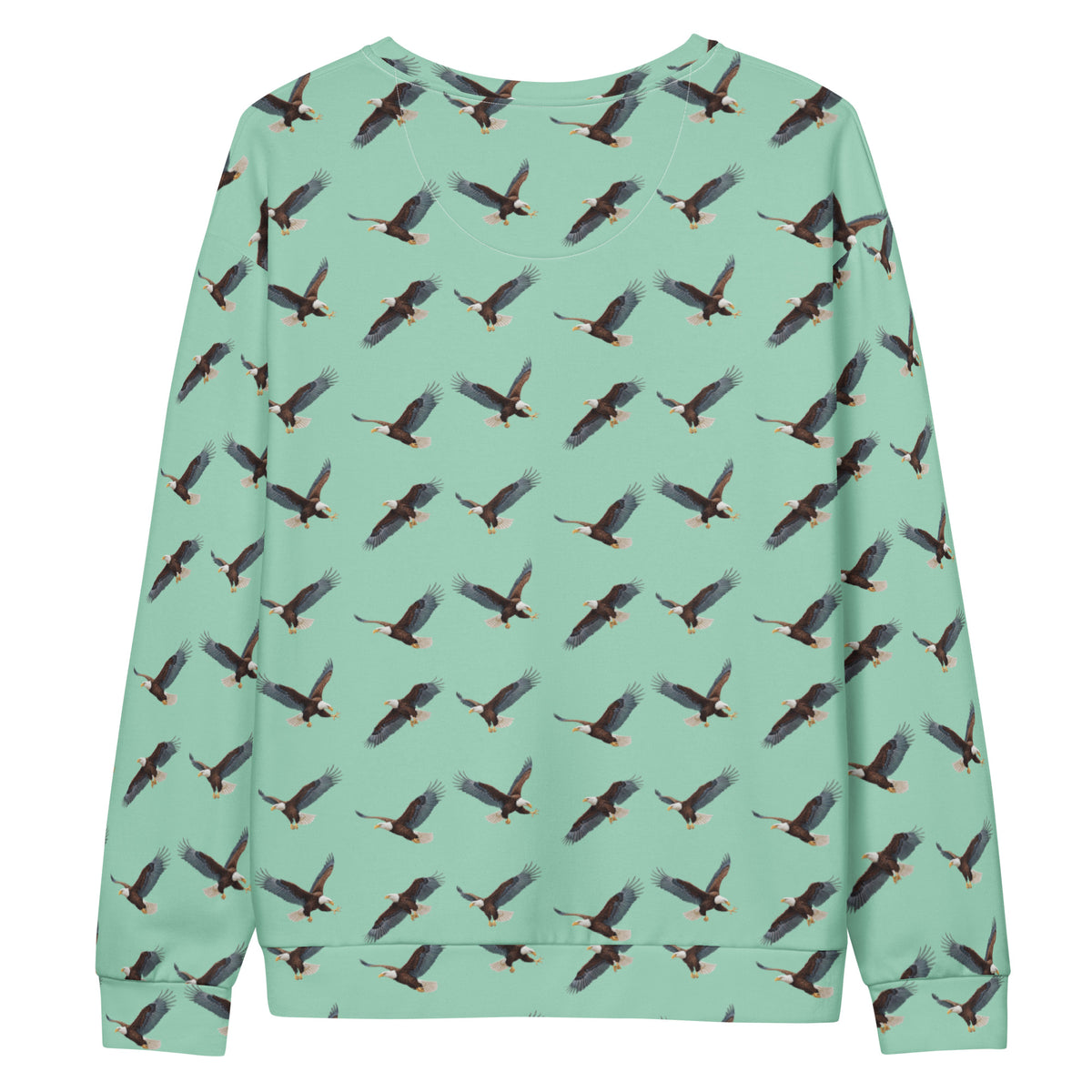 Green sweatshirt with pattern of bald eagles.