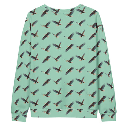 Green sweatshirt with pattern of bald eagles.