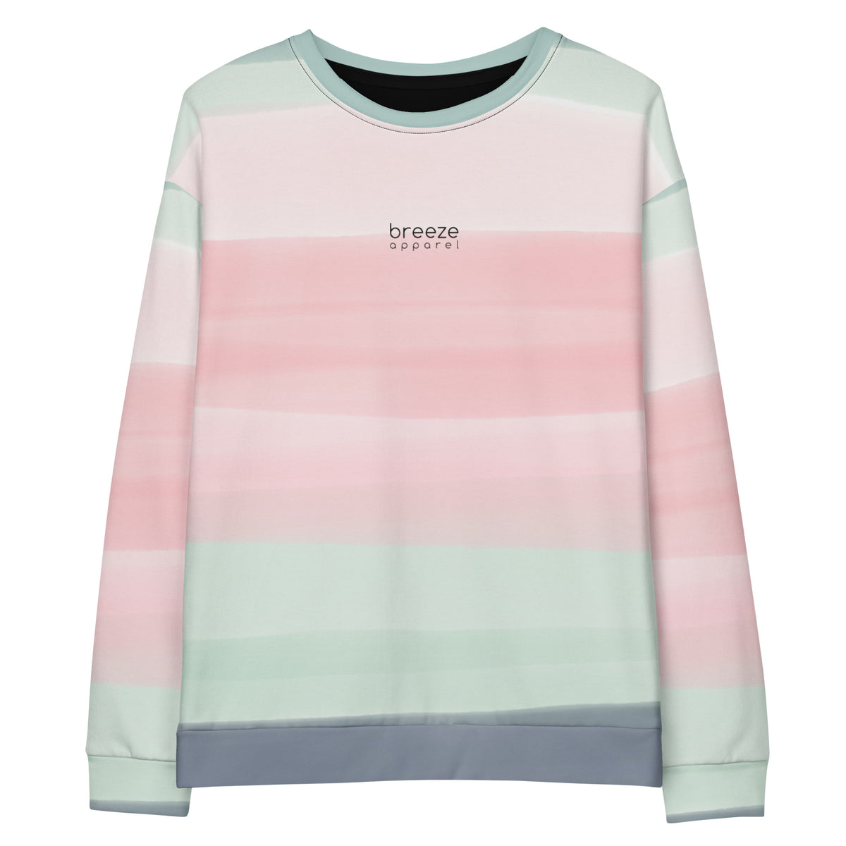Sweatshirt with colors light pastel green, shades of pink, and gray in stripes, and 'breeze apparel' written in small text on chest.