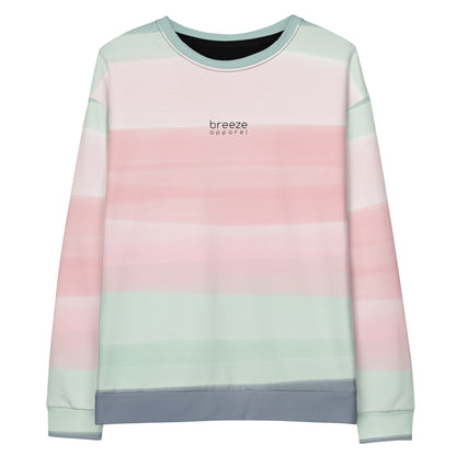 Sweatshirt with colors light pastel green, shades of pink, and gray in stripes, and 'breeze apparel' written in small text on chest.