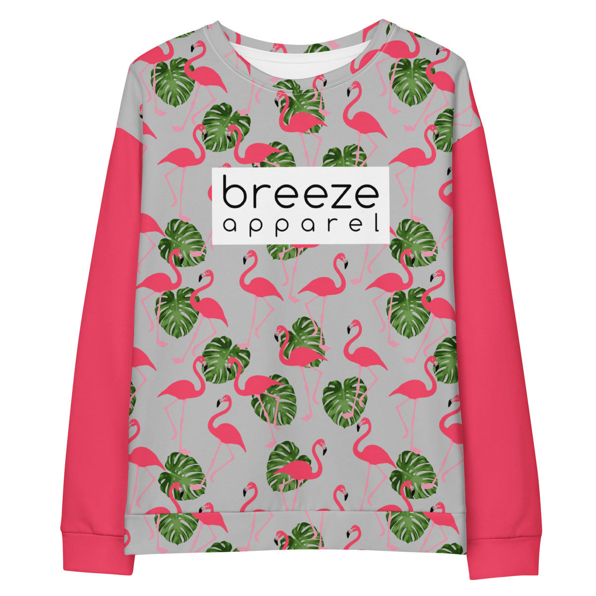 Sweatshirt with an all-over flamingo design set on a gray background, with pink sleeves, and a 'breeze apparel' logo consisting of black wording set in a white rectangle across the chest.
