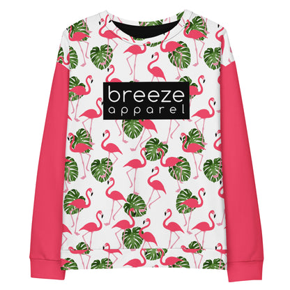 Sweatshirt with an all-over flamingo design set on a white background, with pink sleeves, and a 'breeze apparel' logo consisting of white wording set in a black rectangle across the chest.