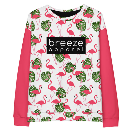 Sweatshirt with an all-over flamingo design set on a white background, with pink sleeves, and a 'breeze apparel' logo consisting of white wording set in a black rectangle across the chest.