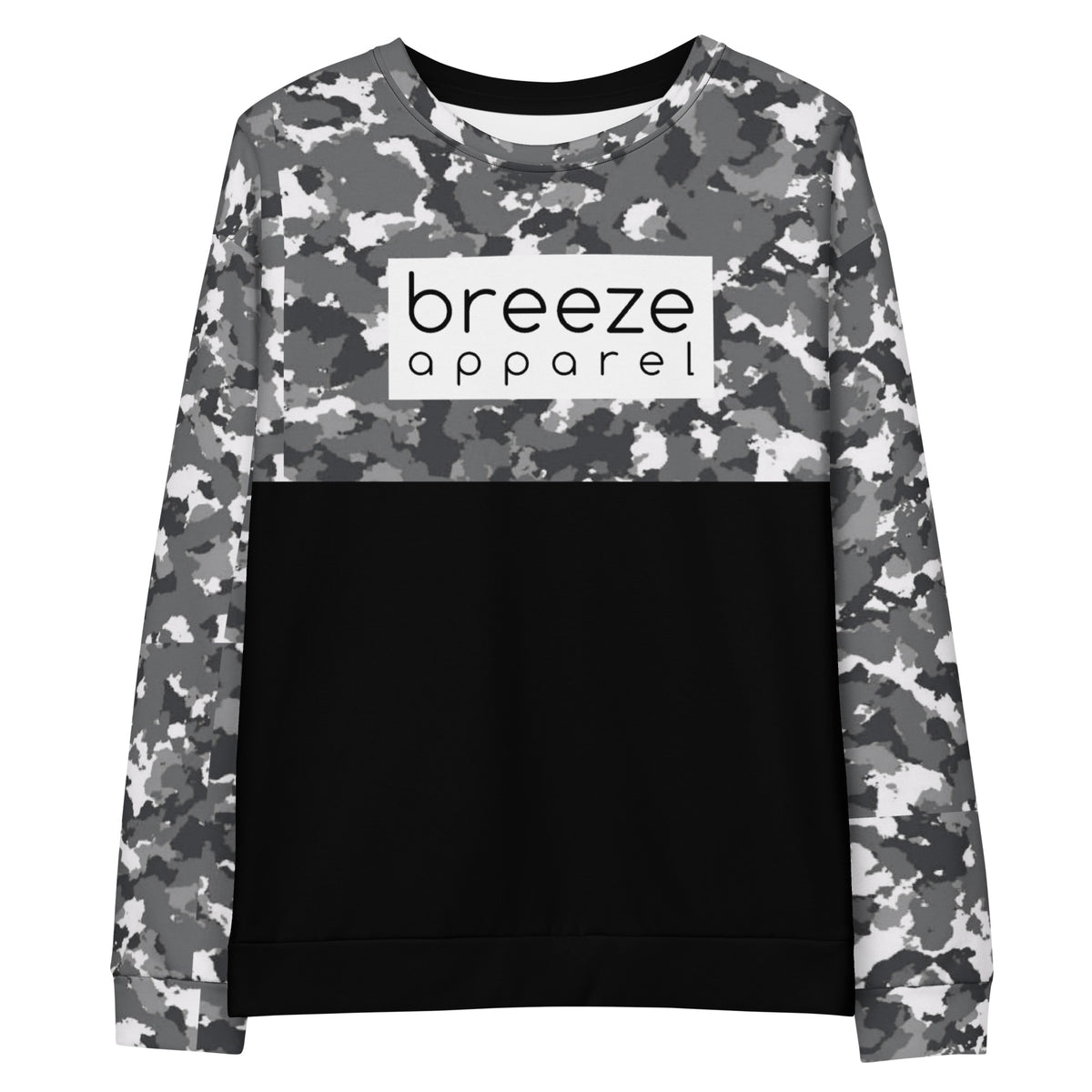 Sweatshirt with a black-gray-white camouflage pattern on upper half and sleeves, and a 'breeze apparel' logo consisting of black wording set in a white rectangle across the chest.