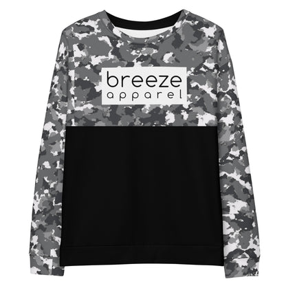 Sweatshirt with a black-gray-white camouflage pattern on upper half and sleeves, and a 'breeze apparel' logo consisting of black wording set in a white rectangle across the chest.