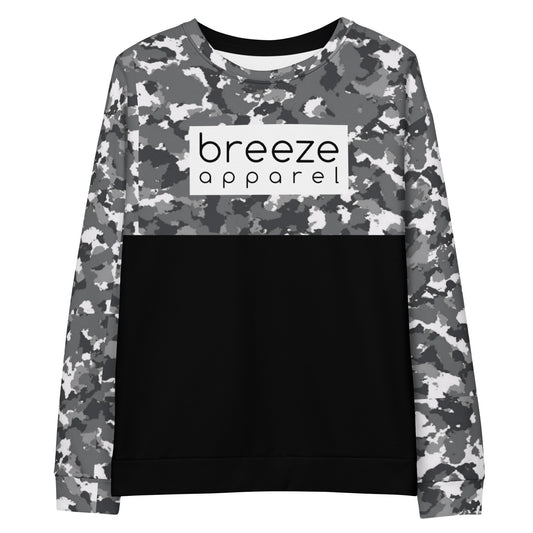Sweatshirt with a black-gray-white camouflage pattern on upper half and sleeves, and a 'breeze apparel' logo consisting of black wording set in a white rectangle across the chest.
