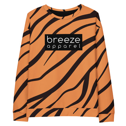Sweatshirt with a tiger-fur design and a 'breeze apparel' logo consisting of white wording set in a black rectangle across the chest.