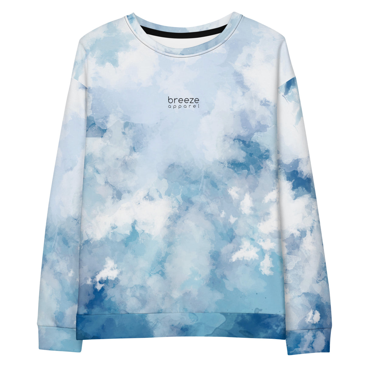 Sweatshirt with a blue watercolor-style design with a black 'breeze apparel' logo on the chest.
