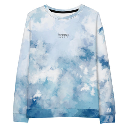 Sweatshirt with a blue watercolor-style design with a black 'breeze apparel' logo on the chest.