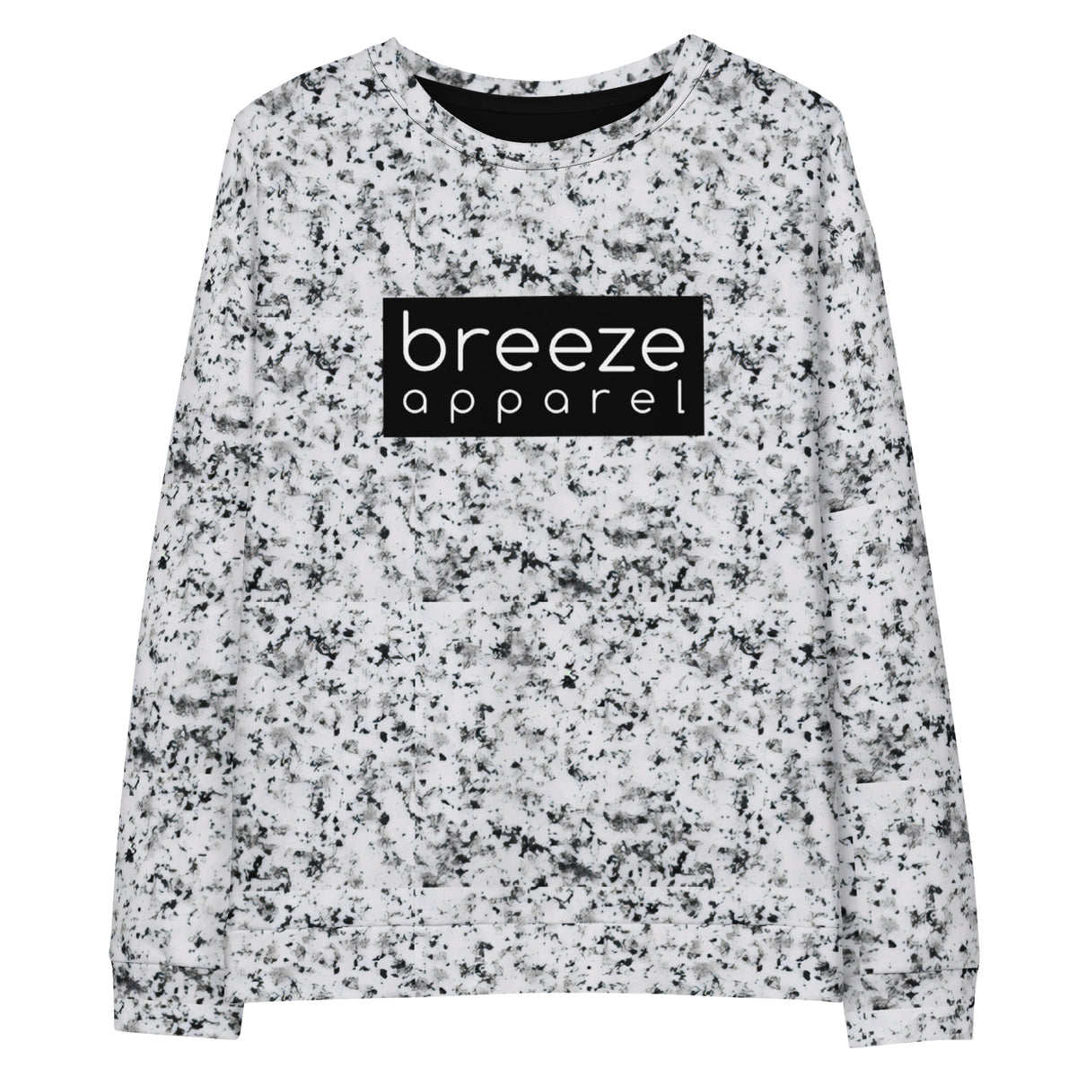 White sweatshirt with black splotches, resembling a marble countertop. Across the chest is a black rectangle with 'breeze apparel' written in white.