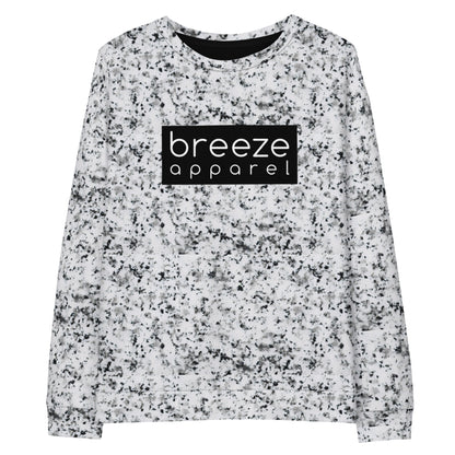 White sweatshirt with black splotches, resembling a marble countertop. Across the chest is a black rectangle with 'breeze apparel' written in white.