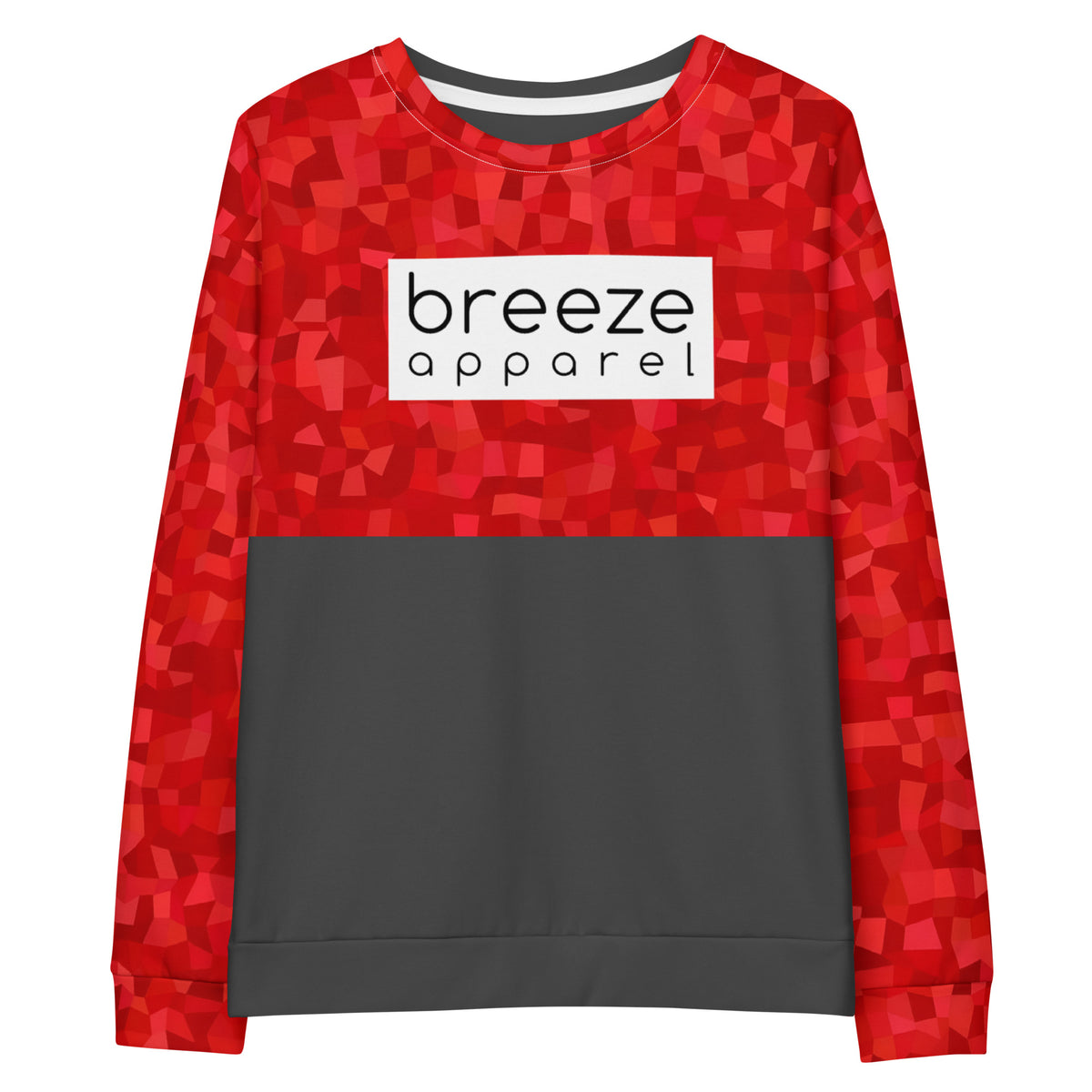 Sweatshirt with a red geometric pattern on upper half and sleeves, with a 'breeze apparel' logo in black inside a white rectangle across the chest. Bottom half is dark gray.