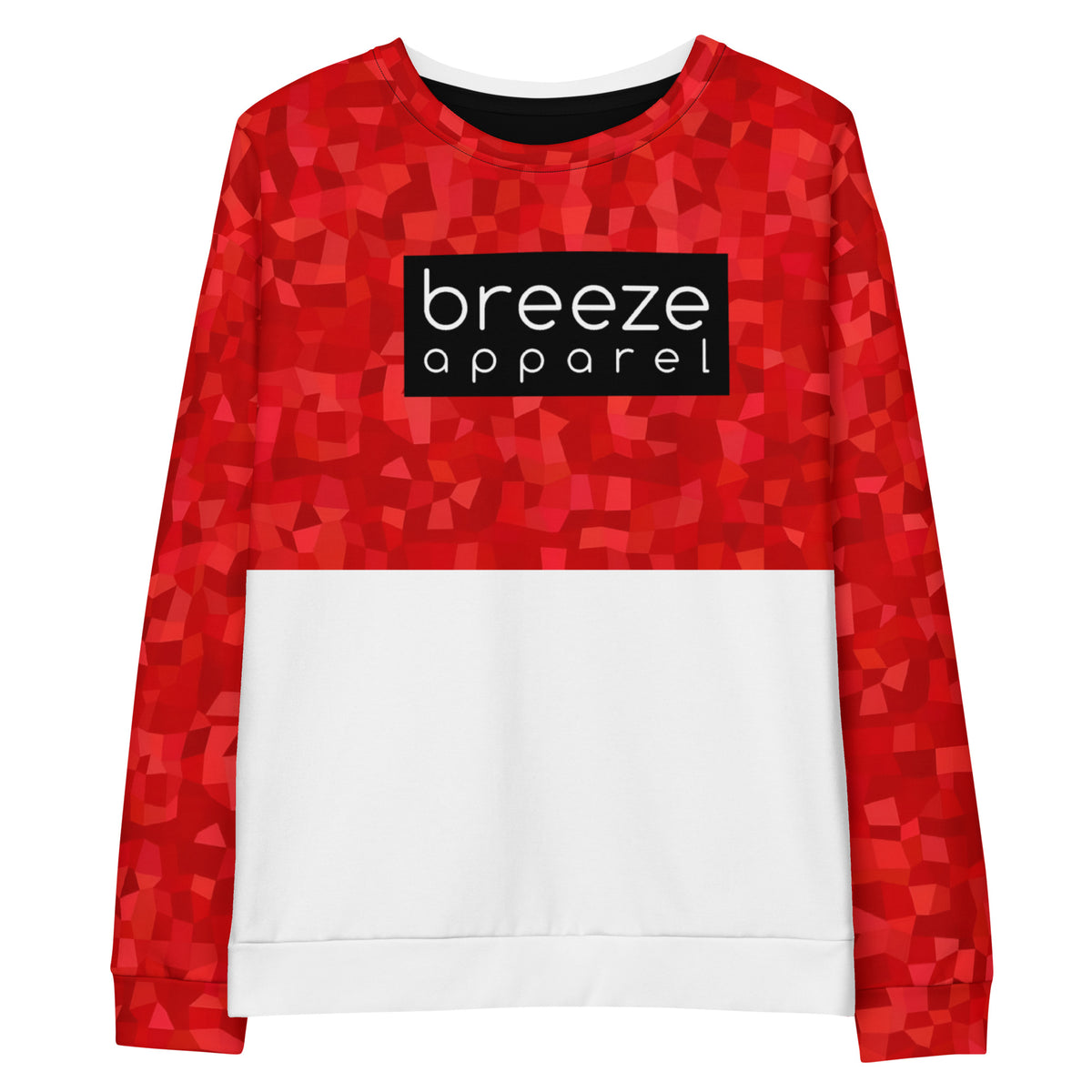 Sweatshirt with a red geometric pattern on upper half and sleeves, with a 'breeze apparel' logo in white inside a black rectangle across the chest. Bottom half is white.