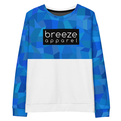 Sweatshirt with blue geometric pattern on upper half and on sleeves and a black box with 'breeze apparel' in white inside across the chest. Rest of shirt is white.
