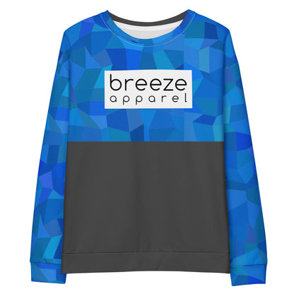 Dark-gray sweatshirt with blue geometric pattern on upper half and sleeves. Across the chest is a white box with 'breeze apparel' in black inside.