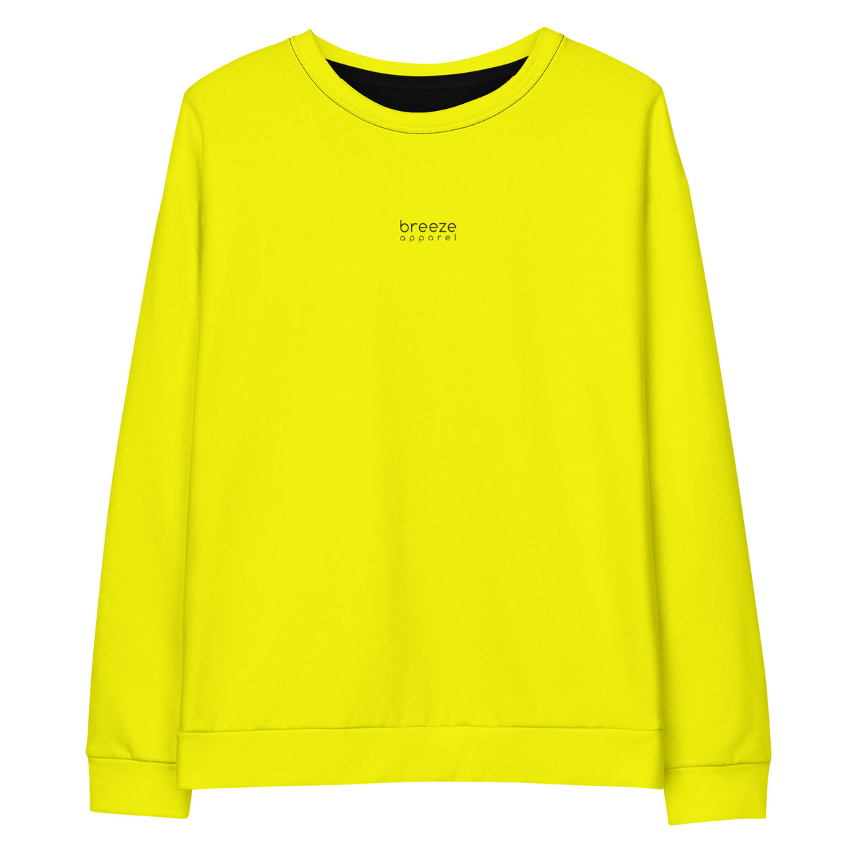 Yellow sweatshirt with 'breeze apparel' in small, black text on chest.