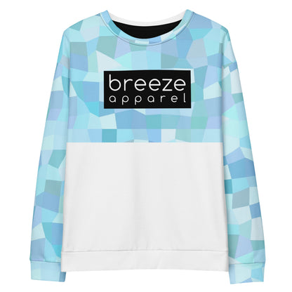 Sweatshirt with cyan geometric pattern on upper half and sleeves. Bottom half is white. Across the chest is a black box with 'breeze apparel' in white inside.