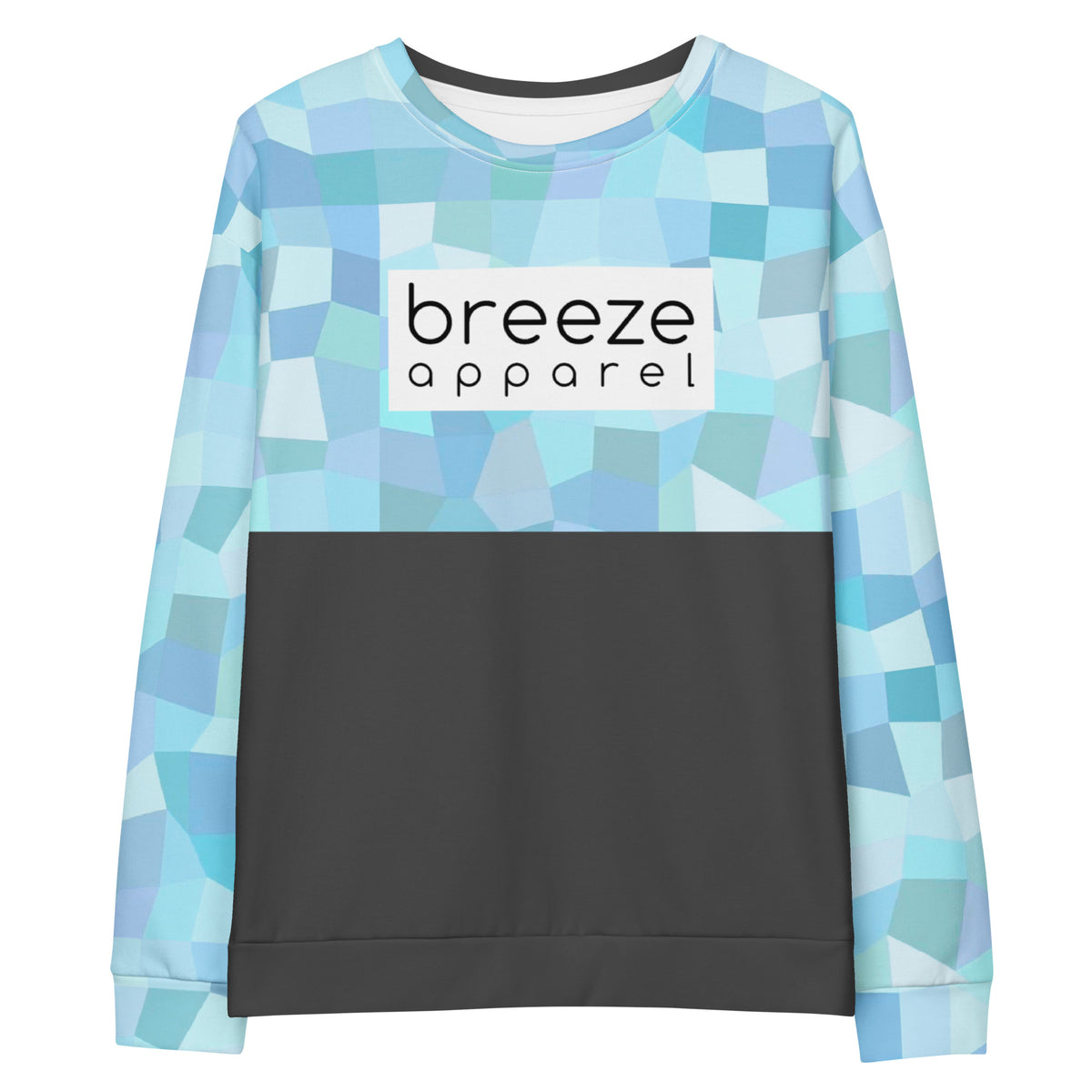 Sweatshirt with cyan geometric pattern on upper half and sleeves. Bottom half is dark gray. Across the chest is a white box with 'breeze apparel' in black inside.