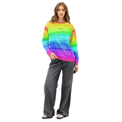 Woman wearing sweatshirt with a watercolor-rainbow design. 'Breeze apparel' is in small, black text on chest.