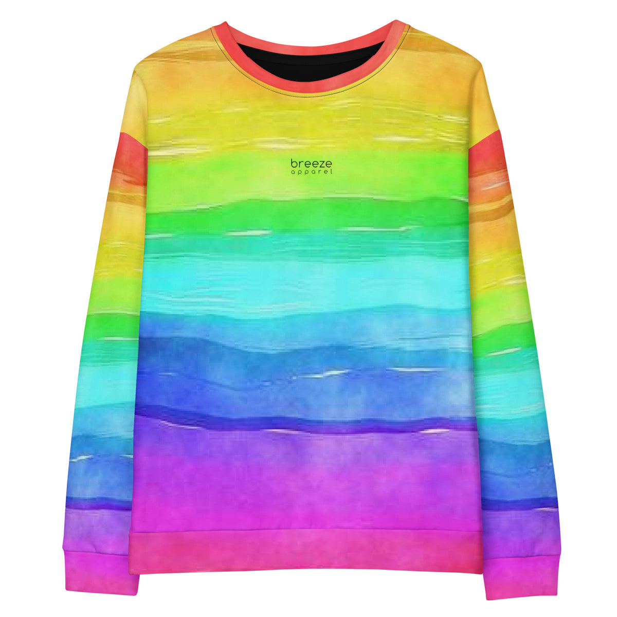 Sweatshirt with a watercolor-rainbow design. 'Breeze apparel' is in small, black text on chest.