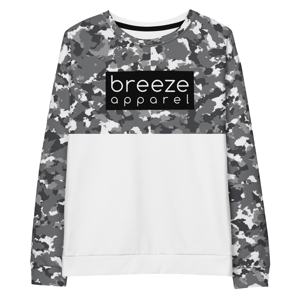 Sweatshirt with a black-gray-white camouflage pattern on upper half and sleeves, and a 'breeze apparel' logo consisting of white wording set in a black rectangle across the chest.