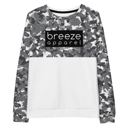 Sweatshirt with a black-gray-white camouflage pattern on upper half and sleeves, and a 'breeze apparel' logo consisting of white wording set in a black rectangle across the chest.