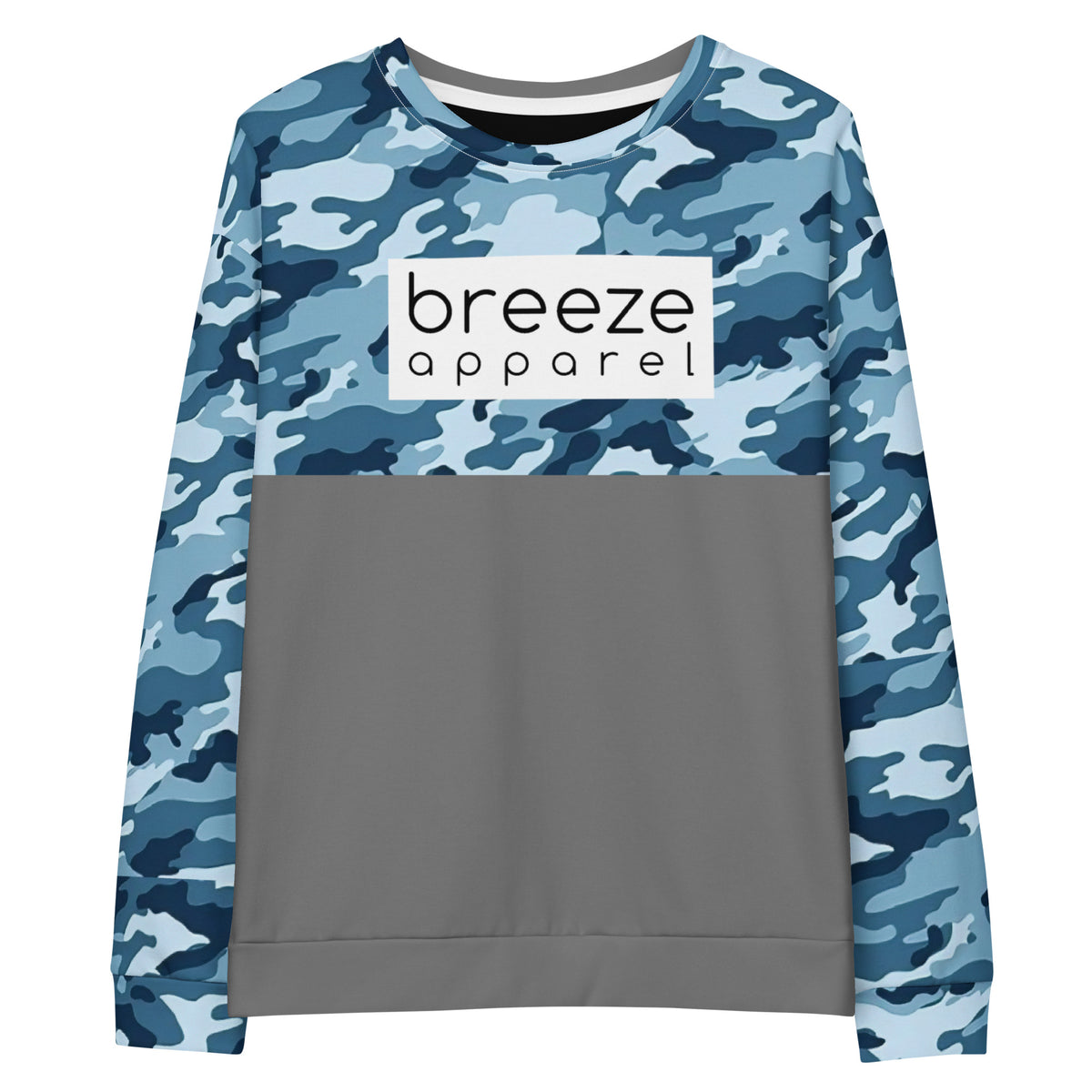 Sweatshirt with navy camouflage pattern on top half and sleeves and logo across chest, consisting of 'breeze apparel' in black wording inside a white box. Bottom half is gray.