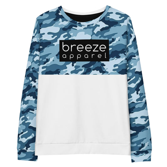 Sweatshirt with navy camouflage pattern on top half and sleeves and logo across chest, consisting of 'breeze apparel' in white wording inside a black box. Bottom half is white.