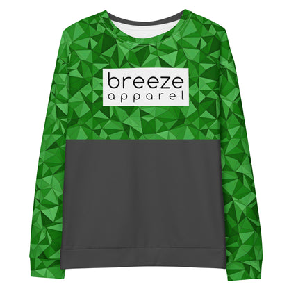 Sweatshirt with green geometric pattern on top and sleeves; rest is gray. A white, rectangular logo overlays the chest.