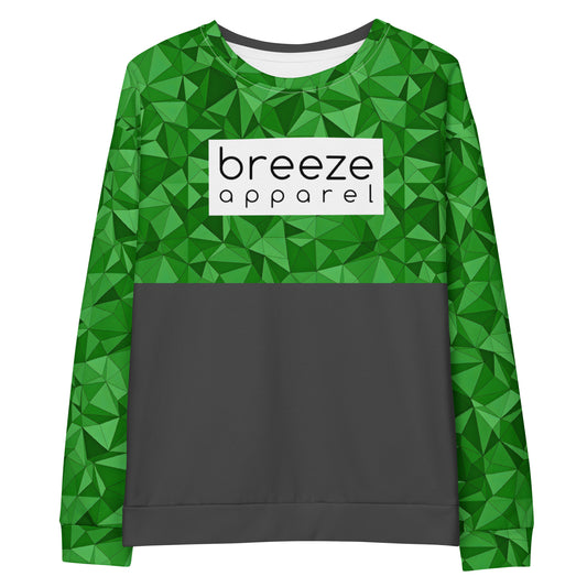 Sweatshirt with green geometric pattern on top and sleeves; rest is gray. A white, rectangular logo overlays the chest.