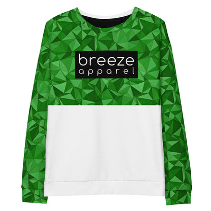 Sweatshirt with green geometric pattern on top half and sleeves; rest is white. Chest is overlaid by black, rectangular logo.