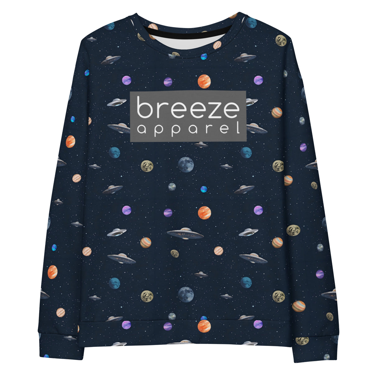 Sweatshirt with pattern of UFOs and planets in space. Chest is overlaid with gray, rectangular logo with white lettering.