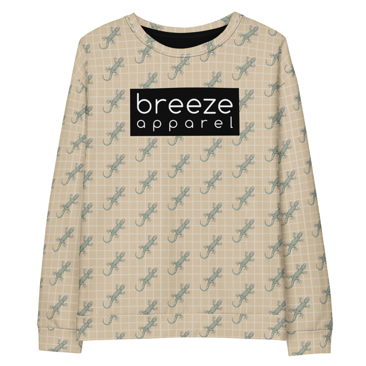 Beige sweatshirt with pattern of green geckos. Across chest is black, rectangular logo with white lettering.